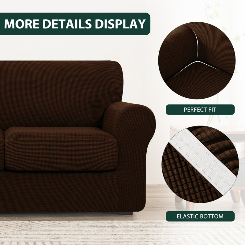 Textured Grid Soft Stretch Separate Box Cushion Sofa Slipcover, 104cm H x 178cm W x 107cm D, Chocolate