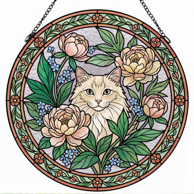 Floral Cat Stained Glass Window Panel，12"H