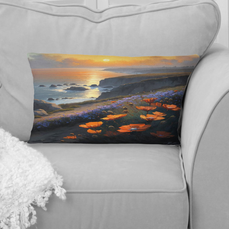 Coussin Orange Fleurs par la côte II - imprimé plage côtière