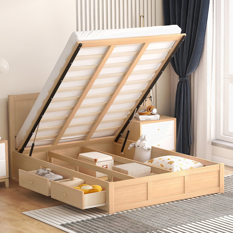 Lit plateforme en bois avec rangement inférieur et 2 tiroirs, Lit double