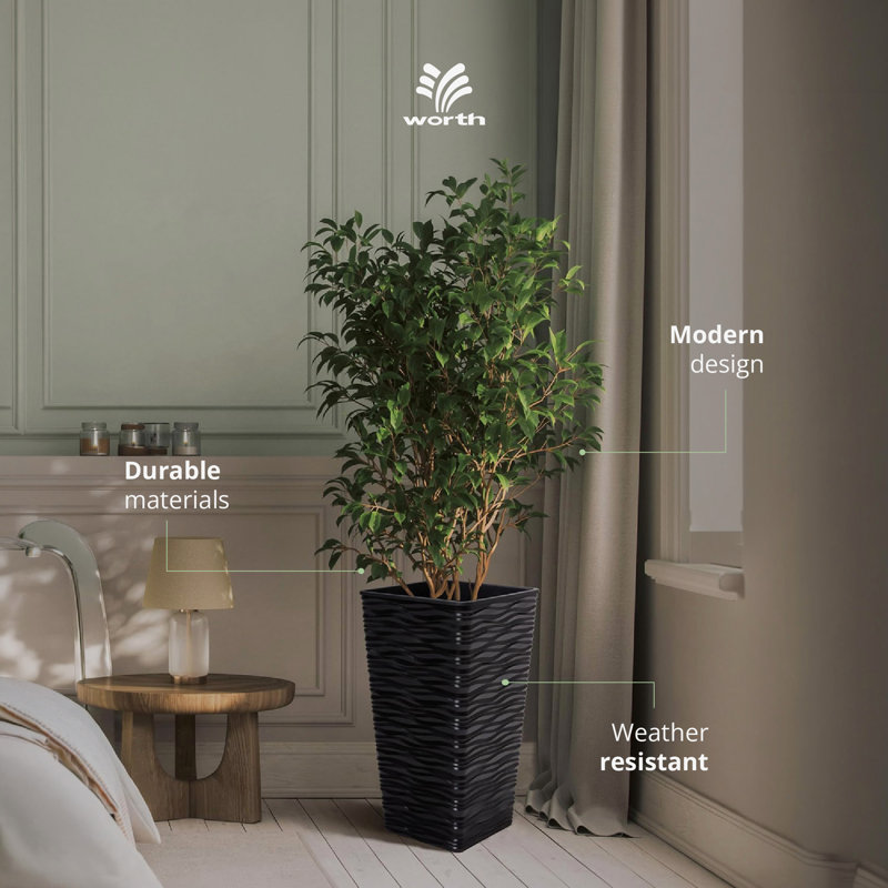 Lot de 2 jardinières carrées coniques en plastique de 56 cm de hauteur avec pots intérieurs, noires, Black