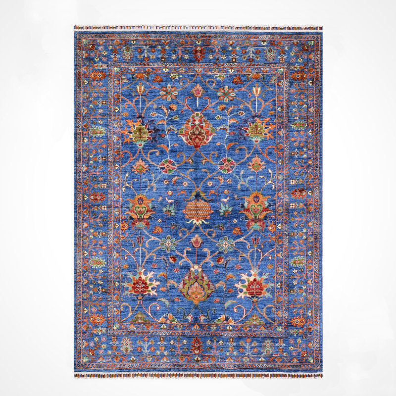 Tapis bleu original en laine et coton noué à la main