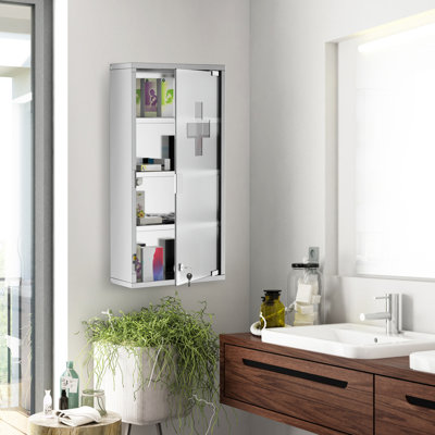 Armoire à pharmacie murale verrouillable à 4 niveaux avec cadre en acier inoxydable et porte en verre kleankin, verrouillable avec 2 clés, argent, 12 po x 24 po