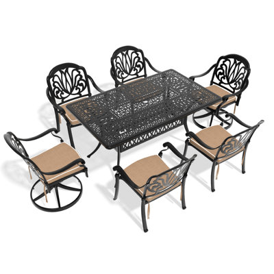 7 Cast Aluminum Garden Dining Aggregation, 2 Swivel Chairs, 4 Rectangular Table, Black, Portability Feature Feature, Seats 6 All-Weather Configuration, Shock Resistance