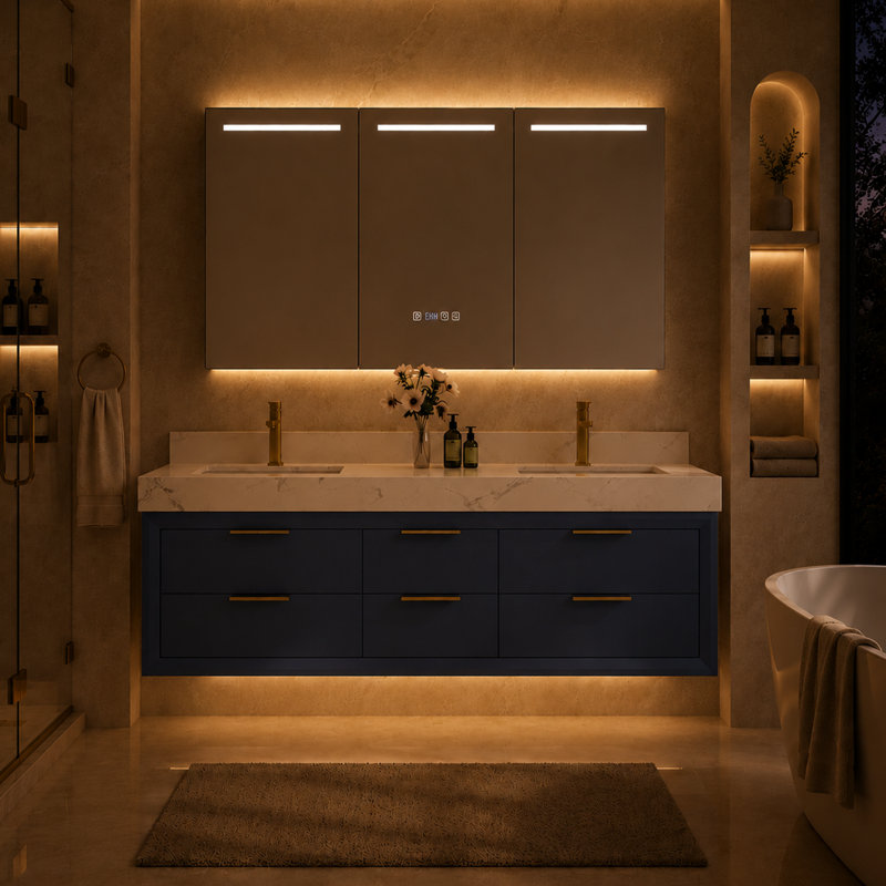 Ensemble de meuble-lavabo mural 60 po avec lumière DEL, dessus en pierre reconstituée et 6 tiroirs à fermeture en douceur Lumino