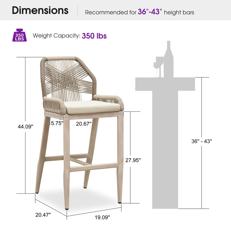 Tabourets de bar 2 pièces pour l'extérieur - sièges en rotin tissé et cadres en aluminium avec dossiers, 27.95 " 