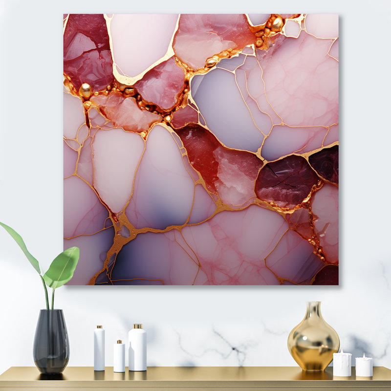 Or et marbre rose Essence II - décoration murale en marbre, H 36 po x l 36 po