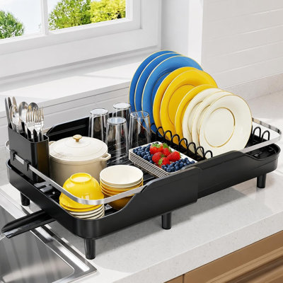 Égouttoir à vaisselle extensible pour comptoir, noir, capacité réglable, égouttoir stable, gain de place