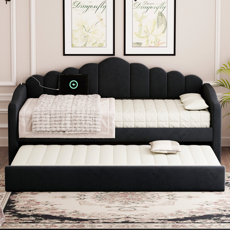 Lit de jour simple tapissier avec couchette, canapé-lit en velours avec ports de chargement USB, Noir