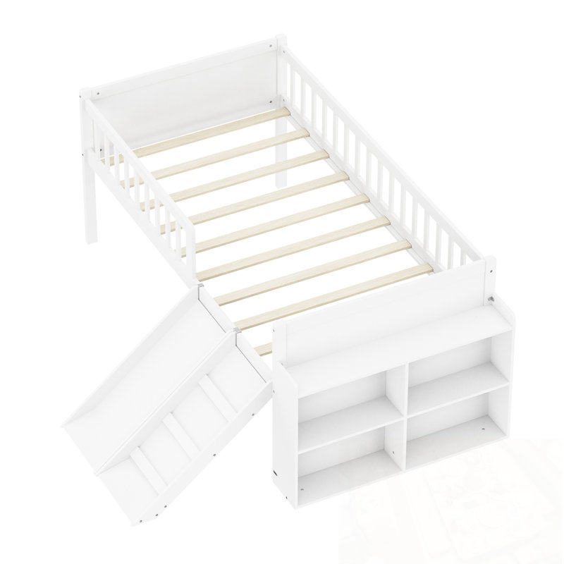 Structure de lit simple avec tablette de rangement, glissoire et échelle, Blanc
