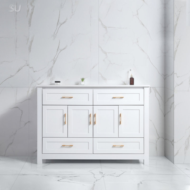 Meuble-lavabo blanc 48 po avec rangement abondant, portes et tiroirs à fermeture en douceur, à l'exception du lavabo en céramique