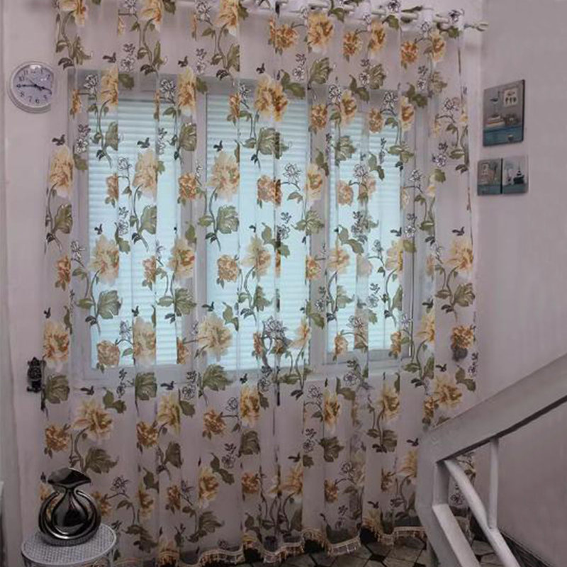 Rose Floral Sheer Voile Curtains With Pendant Beads,Flower Tulle Transparent Window Treatment With Beads For Living Room Bedroom, 39 × 79 Inch Each, 2 Panels/set