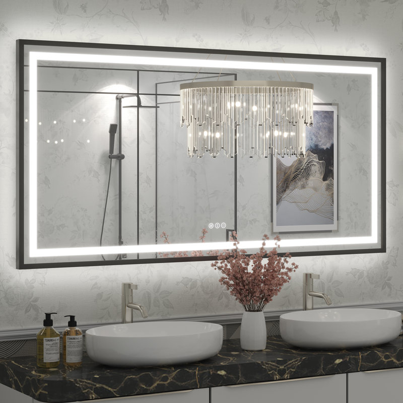 Molly Framelss or Framed LED Anti-Fog Tempered Glass Wall Bathroom Vanity Mirror - UL Certified, 60" x 30", Black