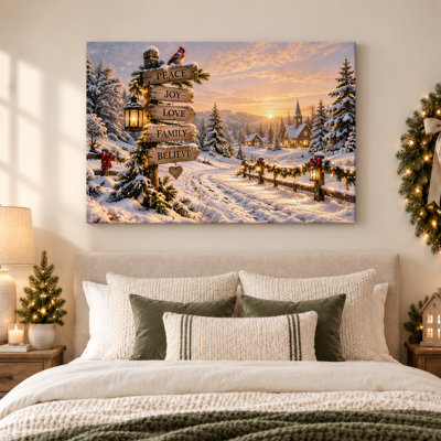 «Snowy Winter Signpost Peace Joy Love Family Christmas», art mural sur toile