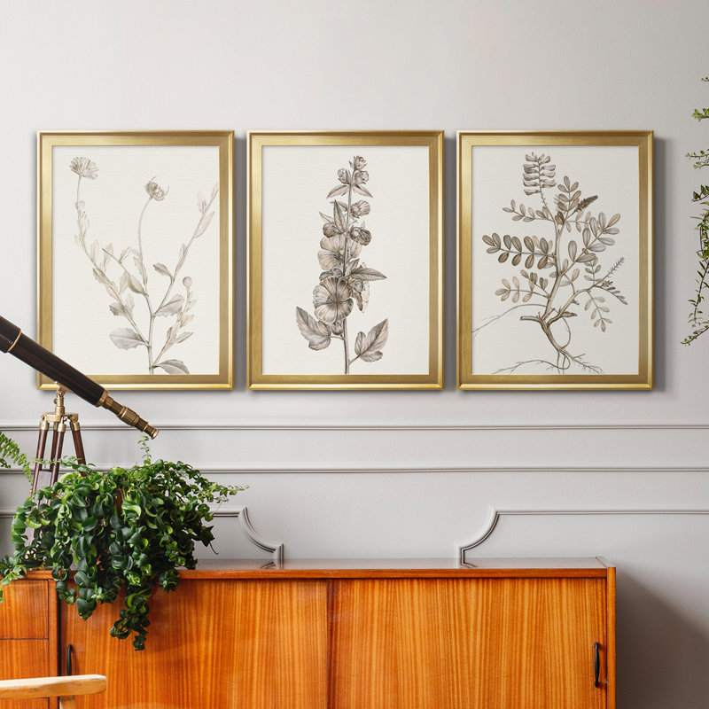 Neutral Botanical Study IV - Ensemble de 3 impressions sur toile encadrées, Doré, H 30,5 po x l 172,5 po x P 1,5 po