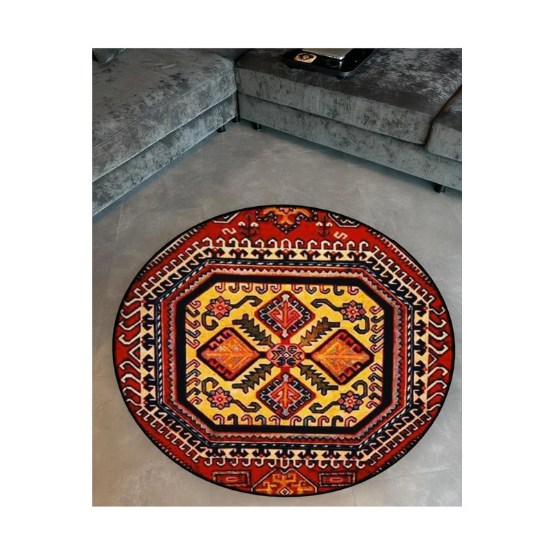 Burdy And Yellow Theme Traditional Motif Patterned Round Woven Base Vintage Decorative Carpet, Round 3'4"