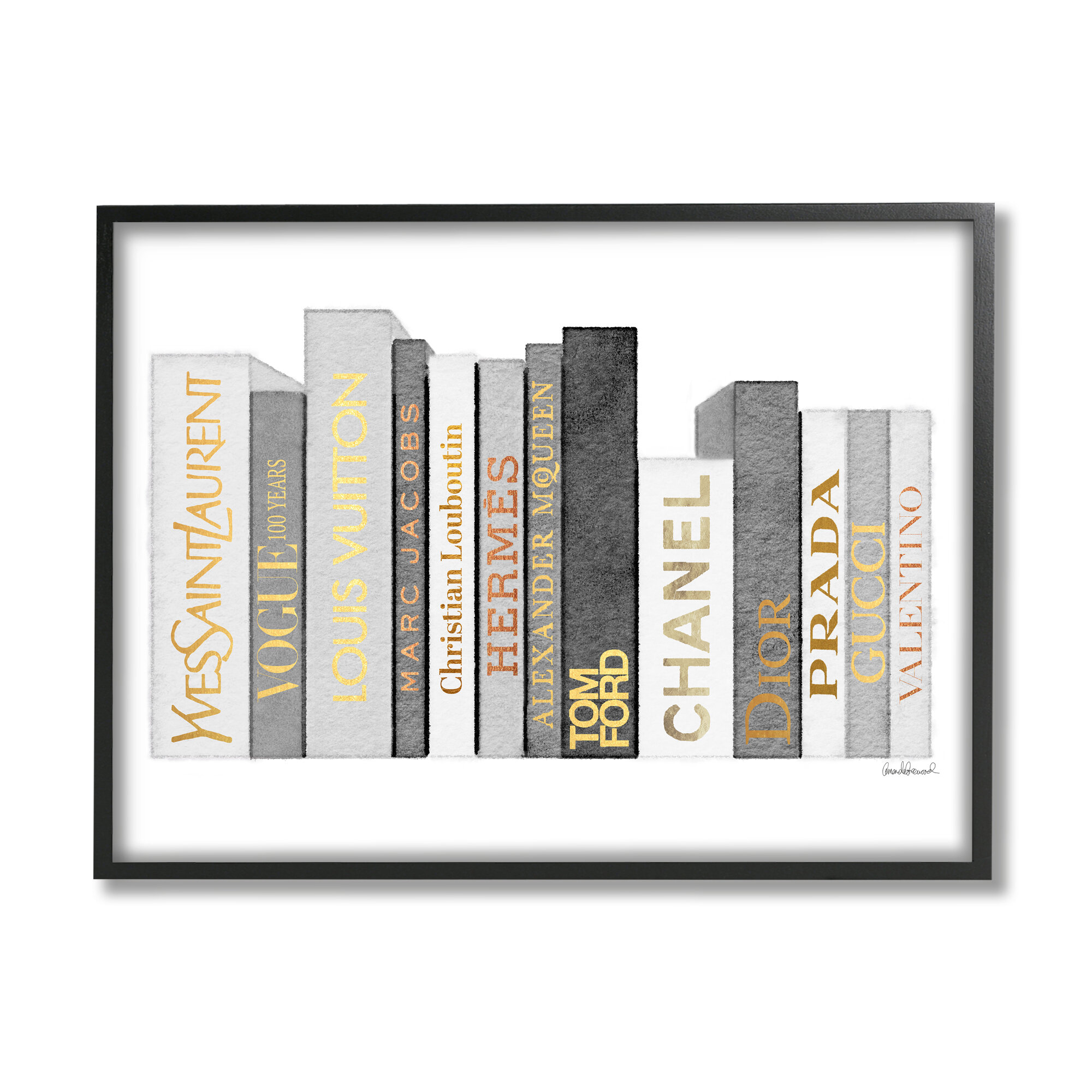 Stupell Industries Horizontal Fashion Book Stack Glam Grey Gold White  Framed On Wood by Amanda Greenwood Graphic Art