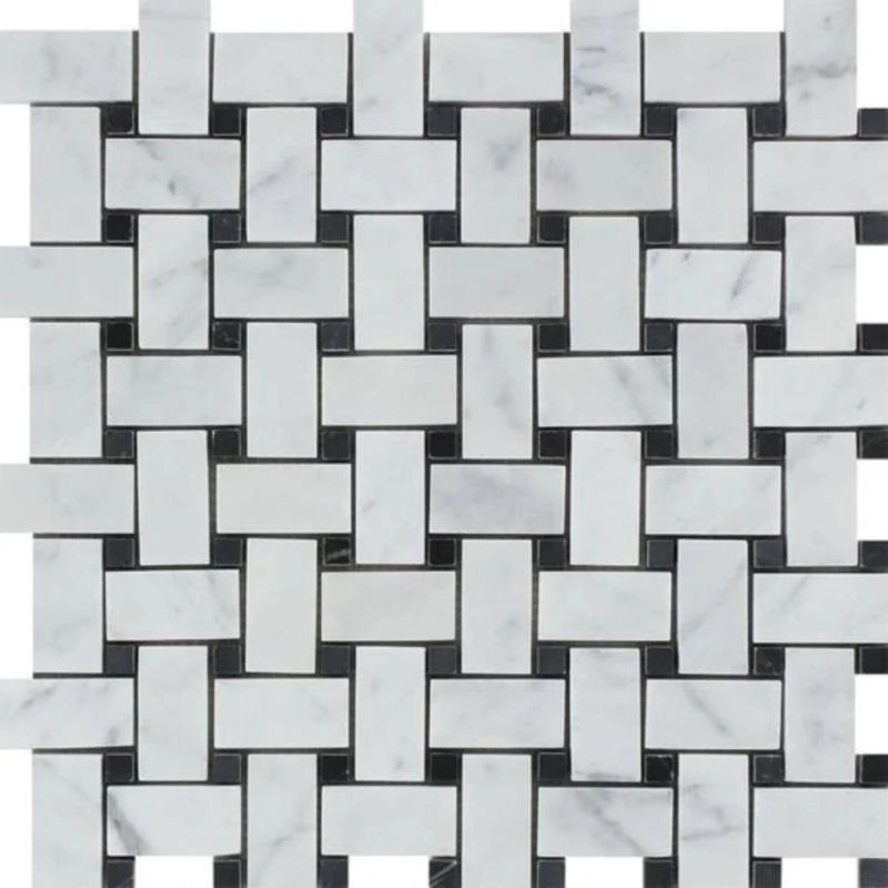 Carreau de mosaïque mural en marbre tressé, Blanc poli / noir