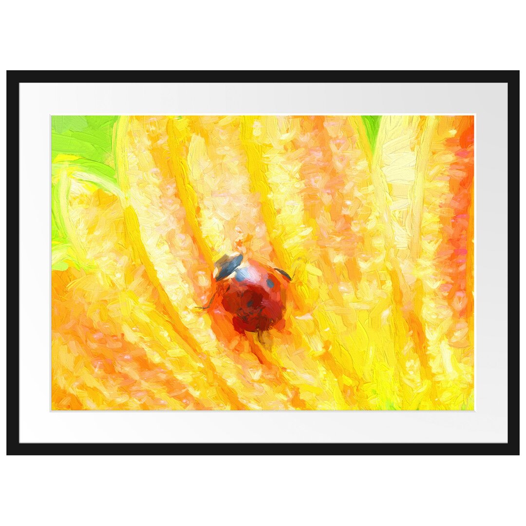 Gerahmtes Papierbild Marienkäfer auf Gelber Blume