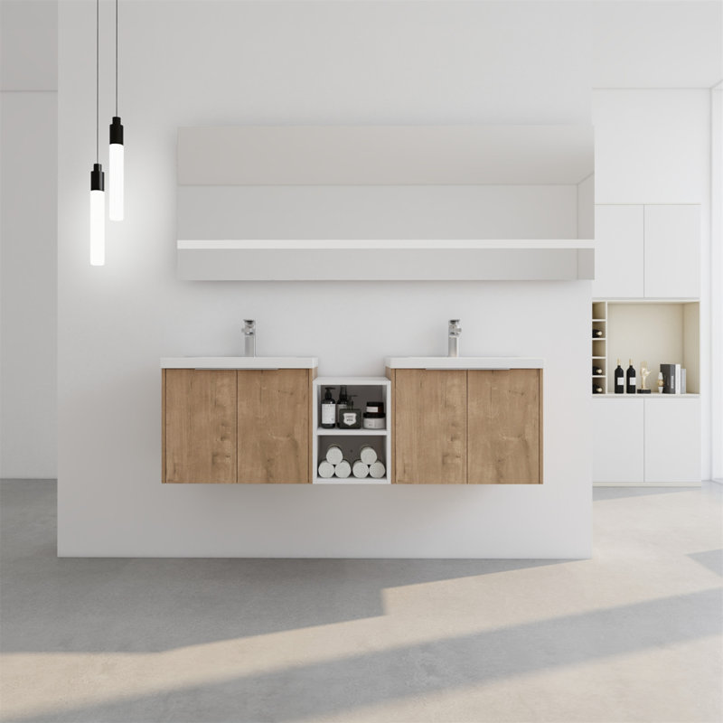 Meuble-lavabo à fermeture en douceur de 60 po avec lavabo, petites tablettes de rangement et armoire combinée pour une organisation améliorée
