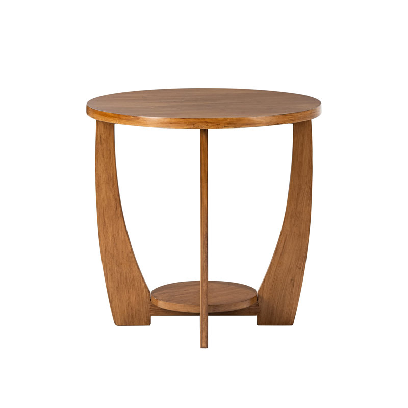 Caramel Brown Round Wooden Farmhouse End Table with Storage Shelf
