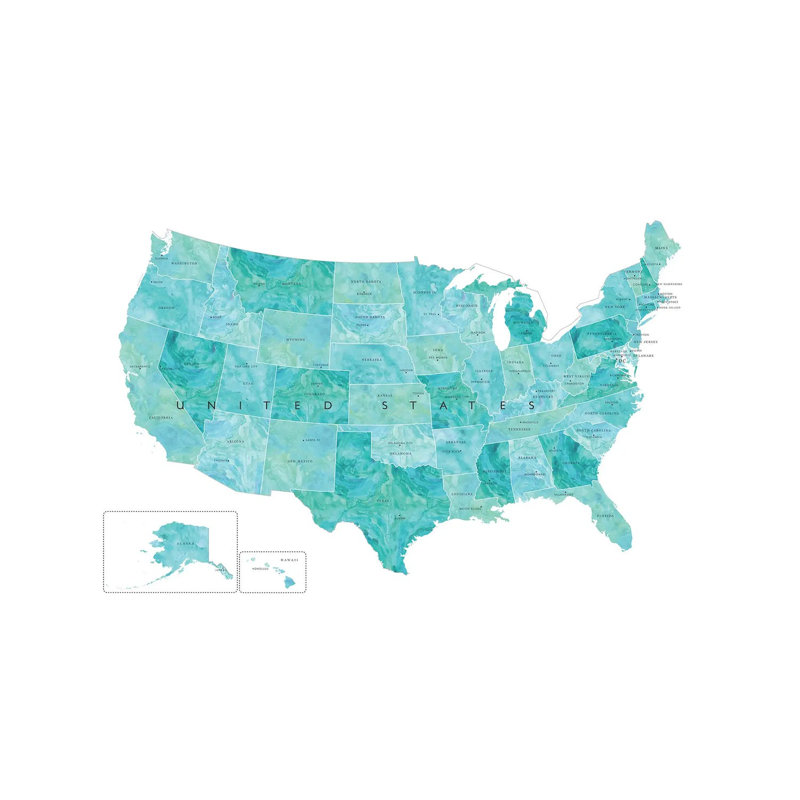 Aquamarine Watercolor Map Of The Usa With States And State Capitals by Blursbyai - Gallery-Wrapped Canvas Giclée on Canvas