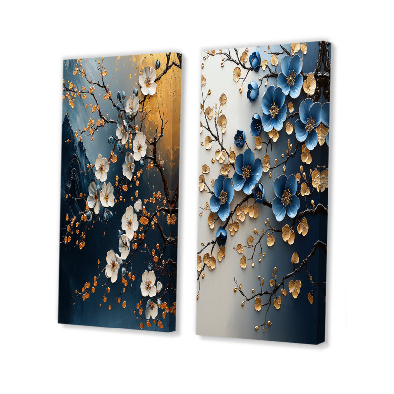 Or et bleu cerisier en fleurs, paysage I - ensemble d'art mural 2 fleurs de cerisier, H 28 po x l 24 po, Toile tendue