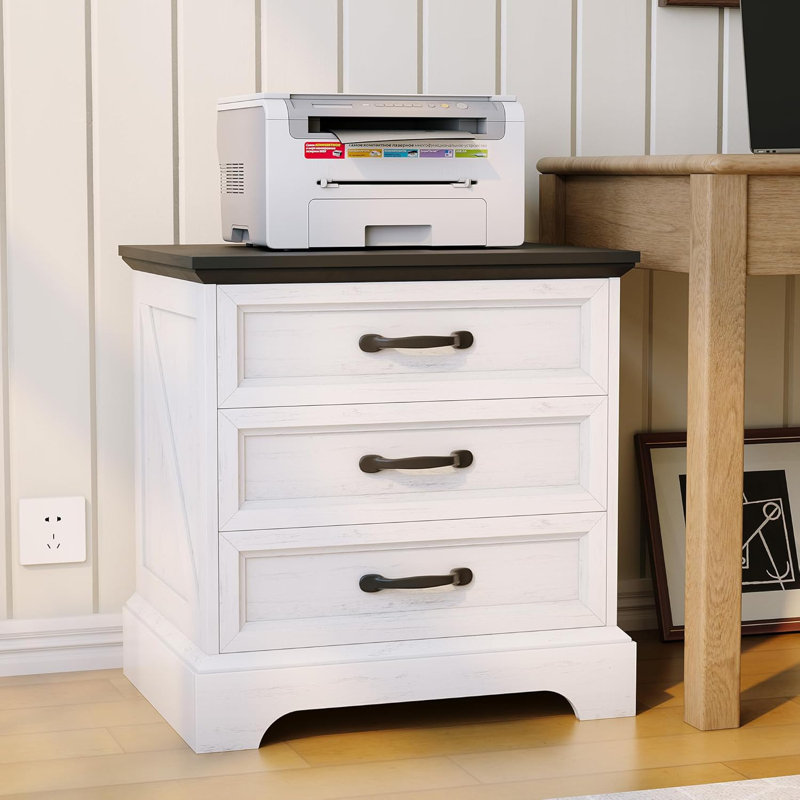 Wood Nightstand, Modern Farmhouse Bedside Table with Charging Station & 3 Drawers, Rustic Storage Cabinet for Bedroom, Living Room, or Small Space, White, 24 Inches Wide