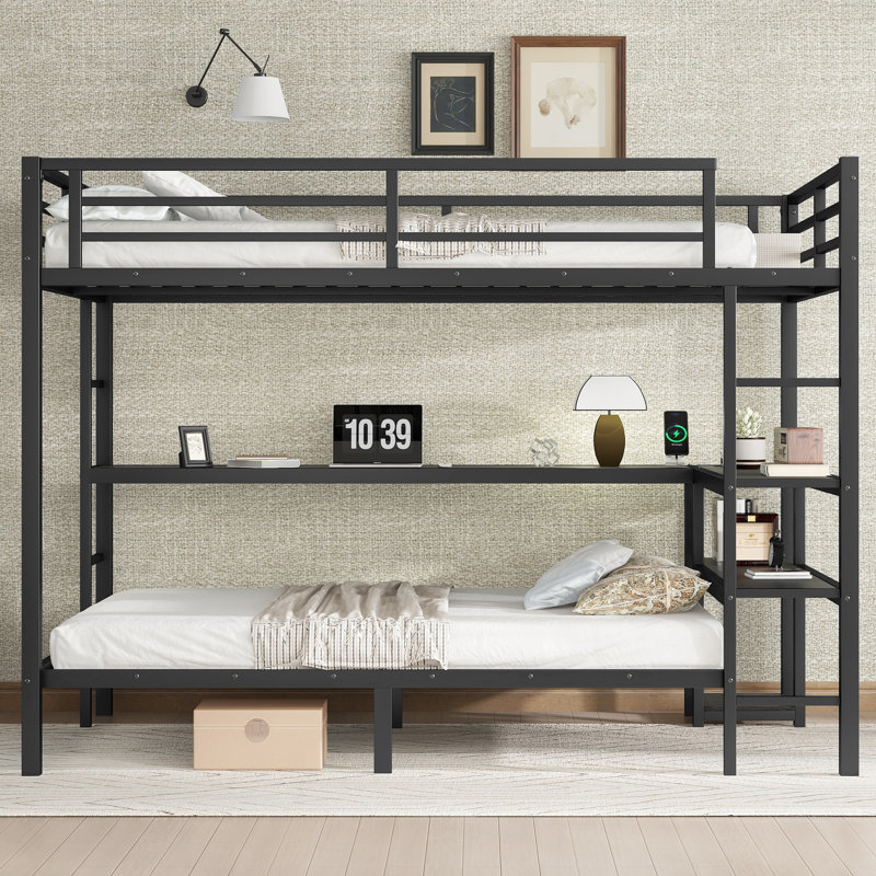 Lit superposé avec bureau et tablettes multiples, avec DEL et USB, Double sur simple