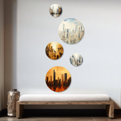 Modern Cityscape Skycraper Bronze Blocks - Skyscrapers Skyscrapers Round Wall Art Set Of 5