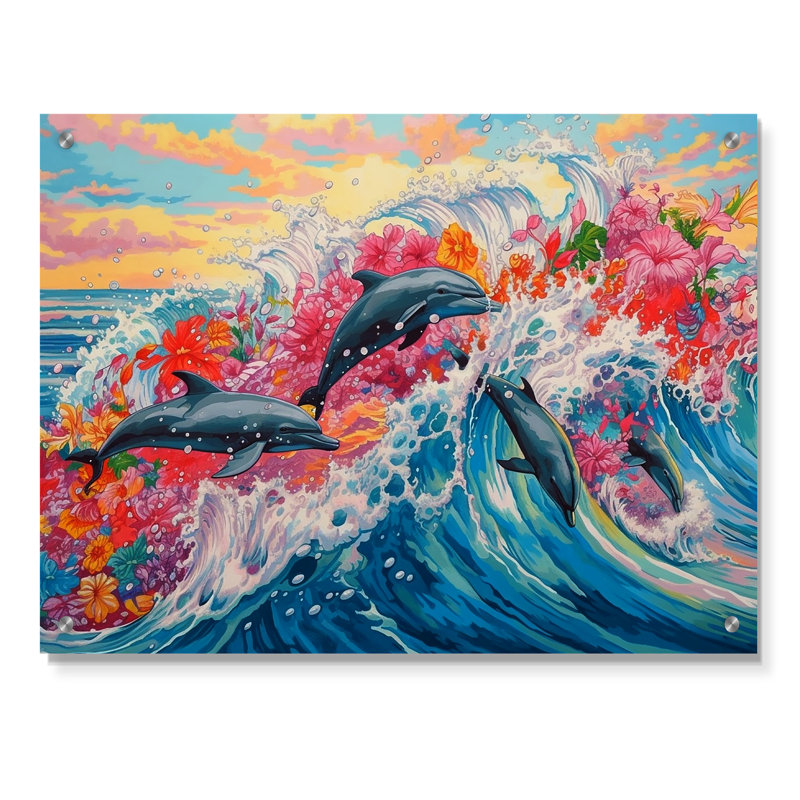 Dauphins colorés - verre d'art mural acrylique, H 30 po x l 40 po