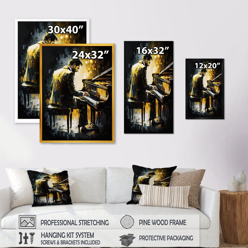 «Man jouant du piano I», reproduction sur toile, H 32 po x l 24 po x P 1 po, Impression noire sur toile encadrée