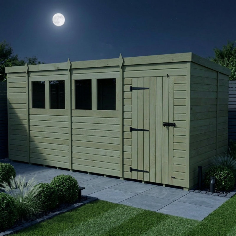 Total Sheds 14ft x 7ft Pent Garden Shed - Single Door - With Windows - Pressure Treated Timber - UK Manufactured
