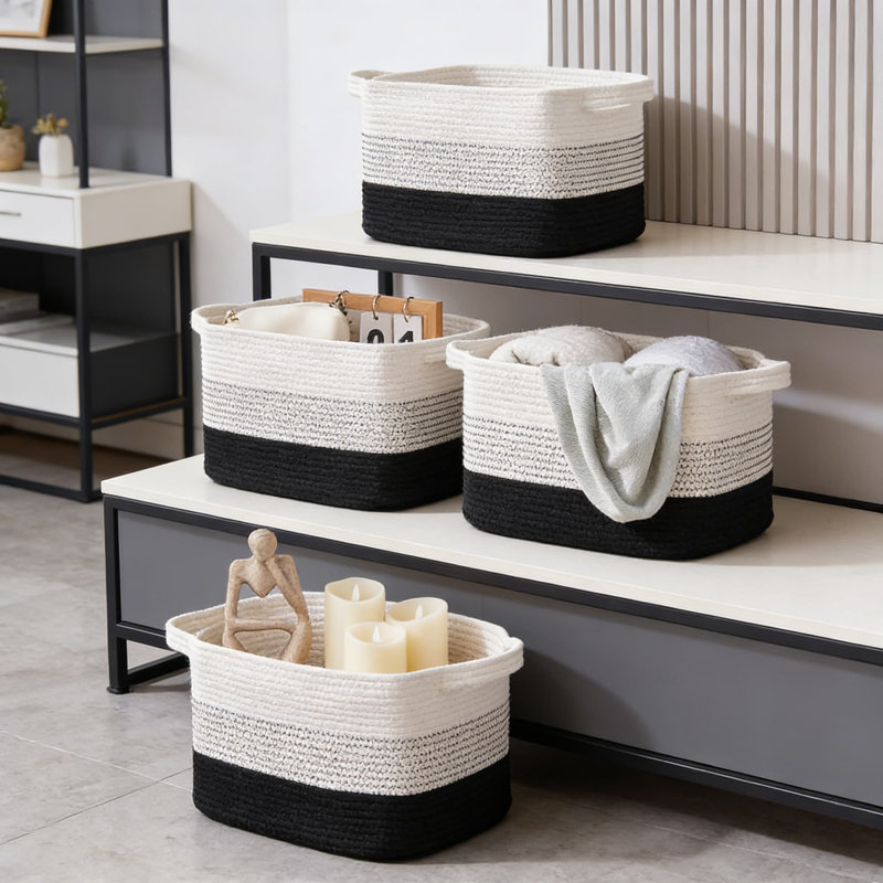 Woven Storage Baskets 3-Pack, Rectangular Decorative Organizer Bins For Shelves, Closet, Nursery, Handmade From Soft Natural Cotton Rope For Toys, Books, Clothes & Towels