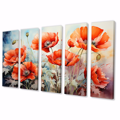 Red And Green Poppy Reverie II - Poppies 5 Piece Wall Art Set
