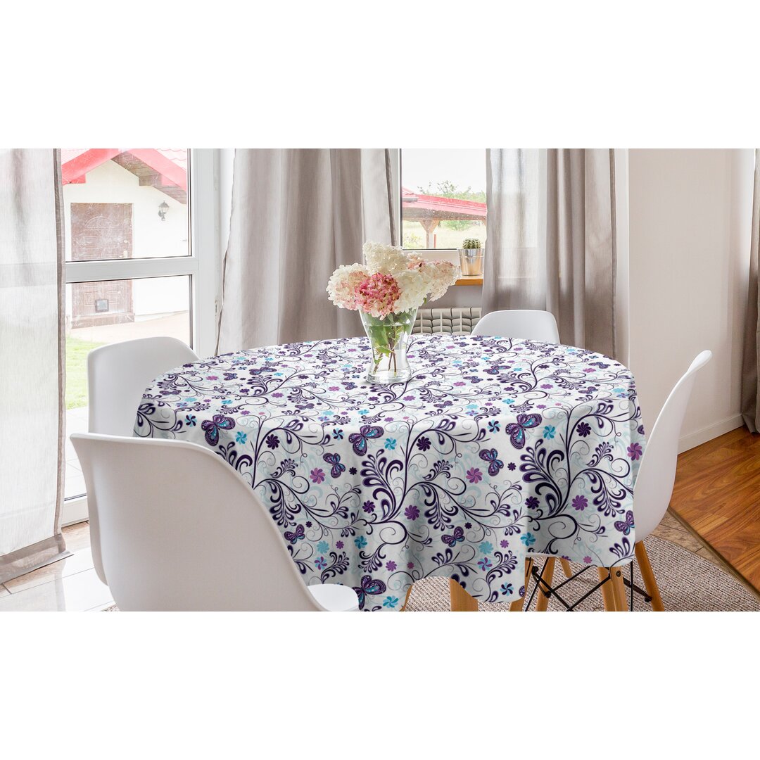 Runde Tischdecke, Schmetterlinge und Strudel, Blumen, Dunkel Violett Hellblau