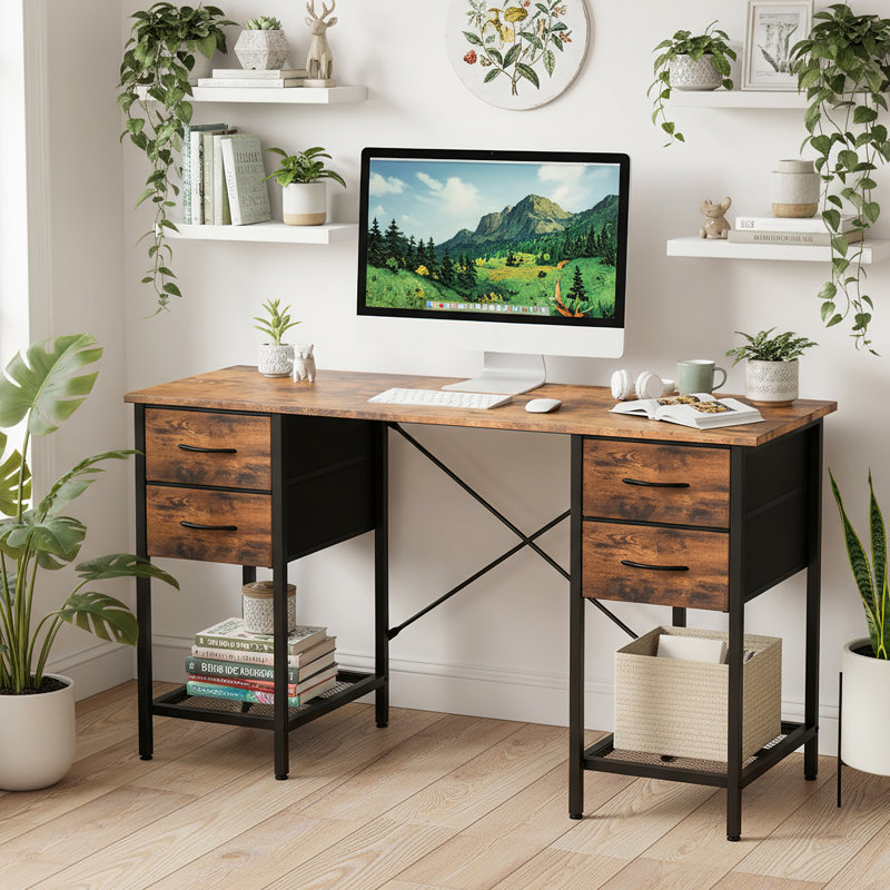 47 Inch Computer Desk with 4 Drawers, Mesh Shelf for Home Office, Study, Bedroom, 29.5" H x 55.1" W x 15.8" D