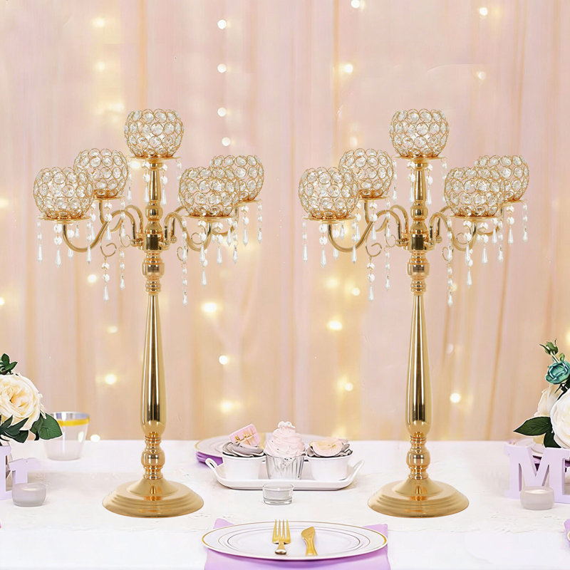5 Arm Crystal Candelabra Centerpieces For Wedding Tables,29.5 Inches Tall, Gold, 2