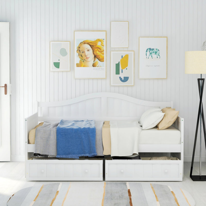 Lit plateforme simple avec rangement en bois massif Gamma, Blanc, Tiroir inclus