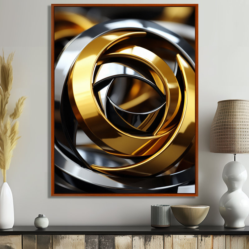 Décoration murale circulaire futuriste or et argent - Spirales abstraites, 40" H x 30" W, Black Picture Framed