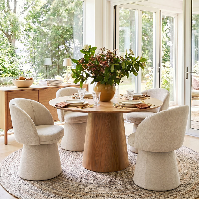 Chaise de salle à manger rembourrée pivotante avec tissu texturé et dossier arrondi courbé (ensemble de 4), Beige