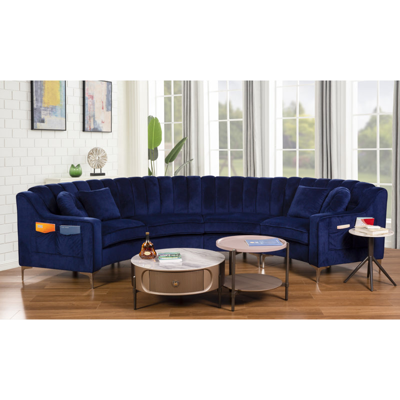 142" Wide Velvet Symmetrical Modular Corner Sectional, Blue