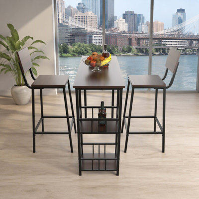 3‑Piece Counter‑Height Bar Table Set With 2 Backrest‑Equipped Bar Stools, Rectangular Pub‑Height High Table Built‑In With 2‑Tier Side Storage Shelves,