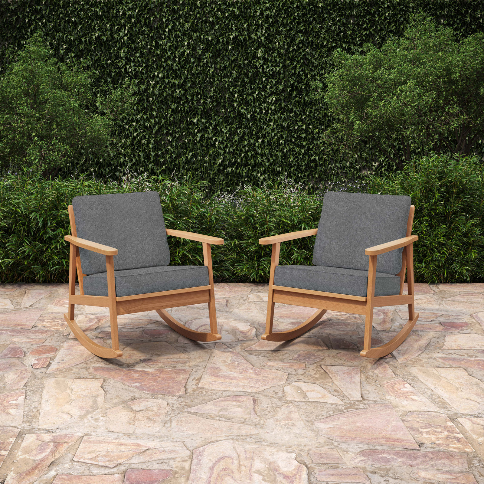 Olene Outdoor Rocking Solid Wood Chair with Cushions, Gray