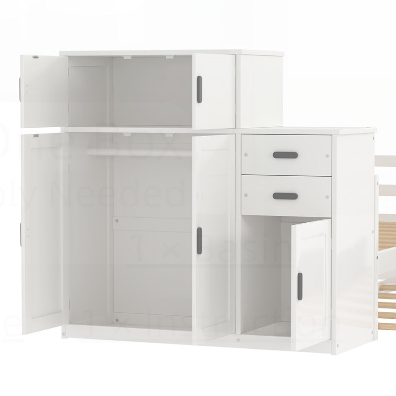 Lit plateforme en bois avec bibliothèque intégrée, garde-robe mobile et lit gigogne, parfait pour les espaces compacts et multifonctionnels