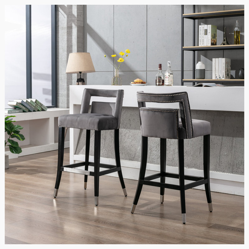 Karlia Upholstered Counter Stool with Solid Wood Frame, Bar Stool (30.71" Seat Height), Navy Blue