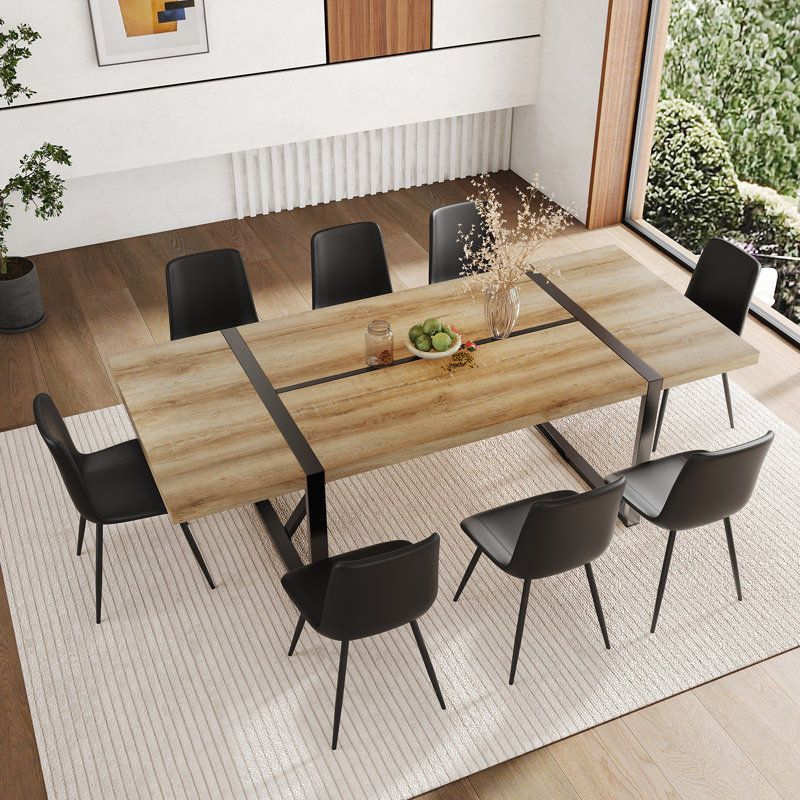 87 Inch Wood Dining Table Set With PU Leather Upholstered Dining Chair, Black, 9 Pieces: Table, 8 Chairs