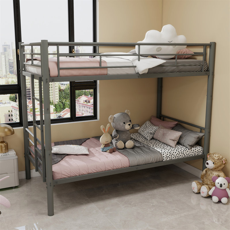 Lit superposé simple au-dessus d'un lit simple en métal pour enfants, structure robuste avec échelles et garde-corps, conception convertible, aucun sommier nécessaire