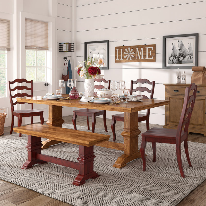 Gildas 78" Solid Wood Oak Finish Top 7-Piece Dining Set With French Ladder Back Chairs, Antique Black, Oak