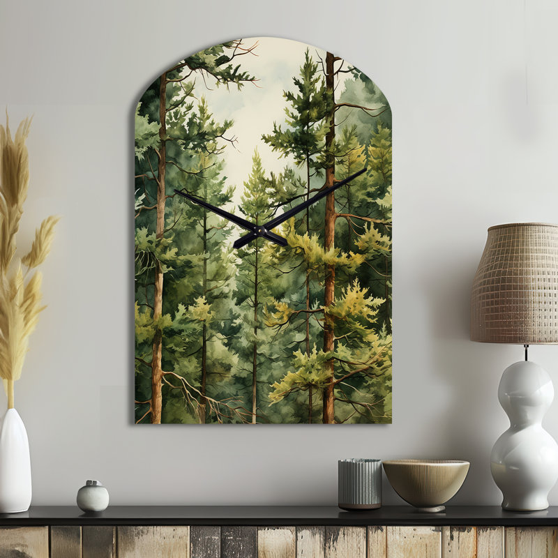 Pine Tree Symphony II - Horloge murale asymétrique en pin, horloge murale arche verte, Grand